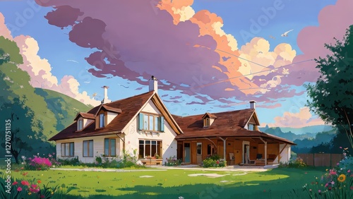 Illustration, a house, garden, lots of clouds