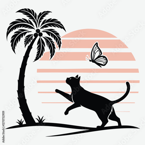 Cat chasing a butterfly near a palm tree with a retro wave silhouette design vector art and illustration