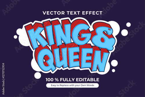 Editable King and Queen text effect in comic book style. Vector graphic design template.