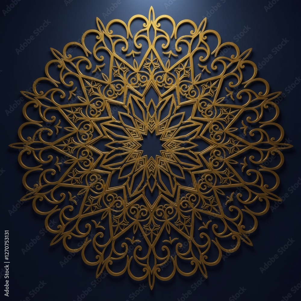 An intricate golden mandala on a deep navy blue background An intricate golden mandala on a deep navy blue background
