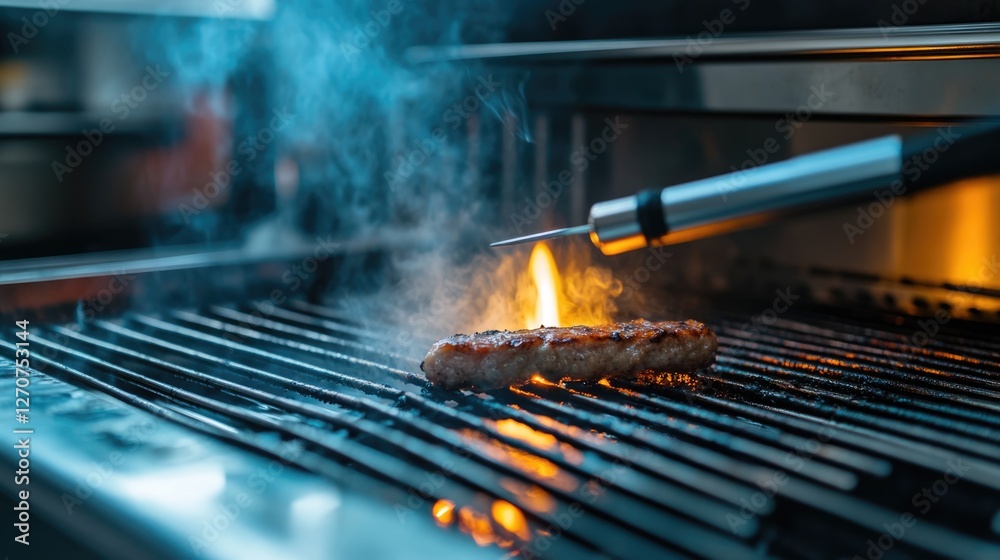 Grilling Meat on a Hot BBQ Grill with Flames Grilling Meat on a Hot BBQ Grill with Flames