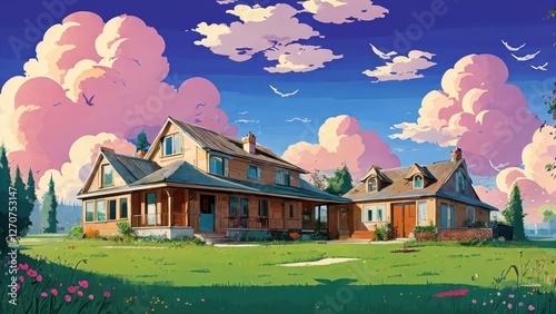 Illustration, a house, garden, lots of clouds