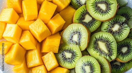 Freshly cut mango and kiwi fruit on a plate photo