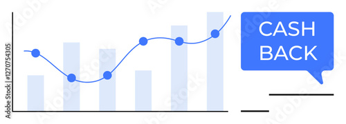 Bar and line graph with upward trend, blue points, Cash Back speech bubble. Ideal for financial performance, investments, analytics, savings, incentives, business development economic growth