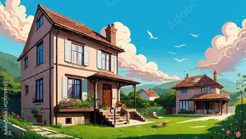 Illustration, a house, garden, lots of clouds