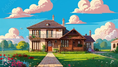 Illustration, a house, garden, lots of clouds