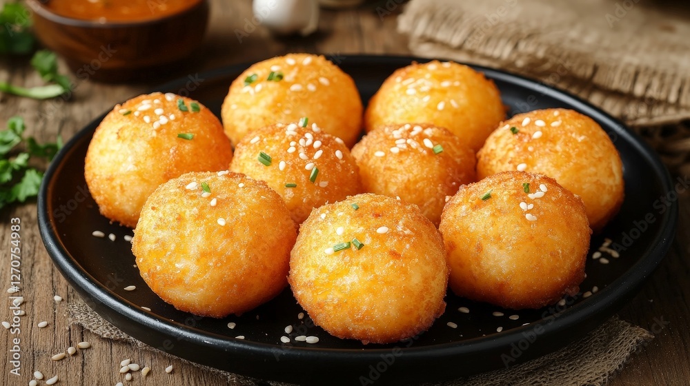 A plate of golden, fried spherical snacks garnished with sesame seeds and herbs. A plate of golden, fried spherical snacks garnished with sesame seeds and herbs.
