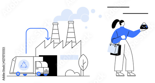Woman holding recycling bag, factory with smokestacks, recycling truck unloading. Ideal for sustainability, environmental responsibility, recycling, waste management, industrial operations, pollution