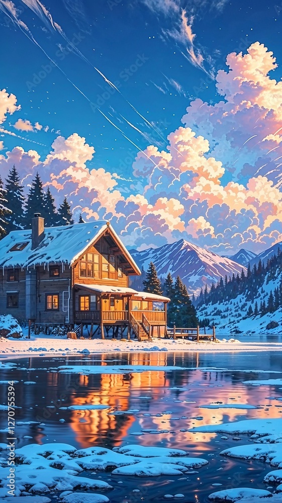 Fototapeta premium house in the mountains.A breathtaking winter landscape featuring a vast, frozen sea with gentle waves, surrounded by towering snow-covered mountains. In the foreground, a cozy wooden house on a pier e