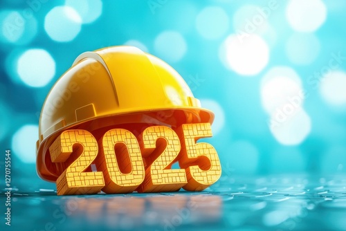 Golden 2025 Numbers with Yellow Construction Helmet on Sparkling Background