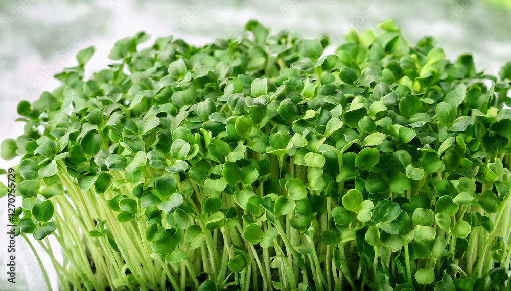 Detailed view of delicate microgreens, showcasing their tiny leaves and vibrant green hues. Perfect for healthy food, salads, or gourmet vegetable concepts. Texture, background. Detailed view of delicate microgreens, showcasing their tiny leaves and vibrant green hues. Perfect for healthy food, salads, or gourmet vegetable concepts. Texture, background.
