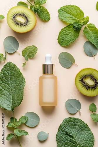 An attractive product photo of a face serum featuring vibrant kiwi and eucalyptus leaves on a light beige background. The focus is on the sleek, plain bottle of the face serum, with no lettering, pict