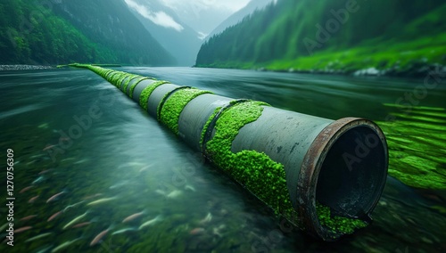 Pollution Pipe Underwater in a Pristine Mountain Lake with Fish