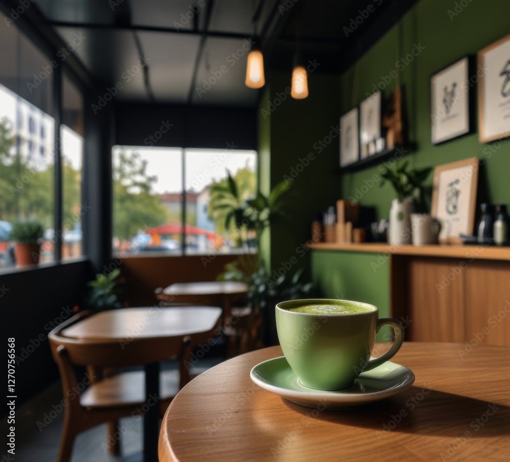 Matcha Tea on the Background of an Aesthetic Coffee Shop Matcha Tea on the Background of an Aesthetic Coffee Shop