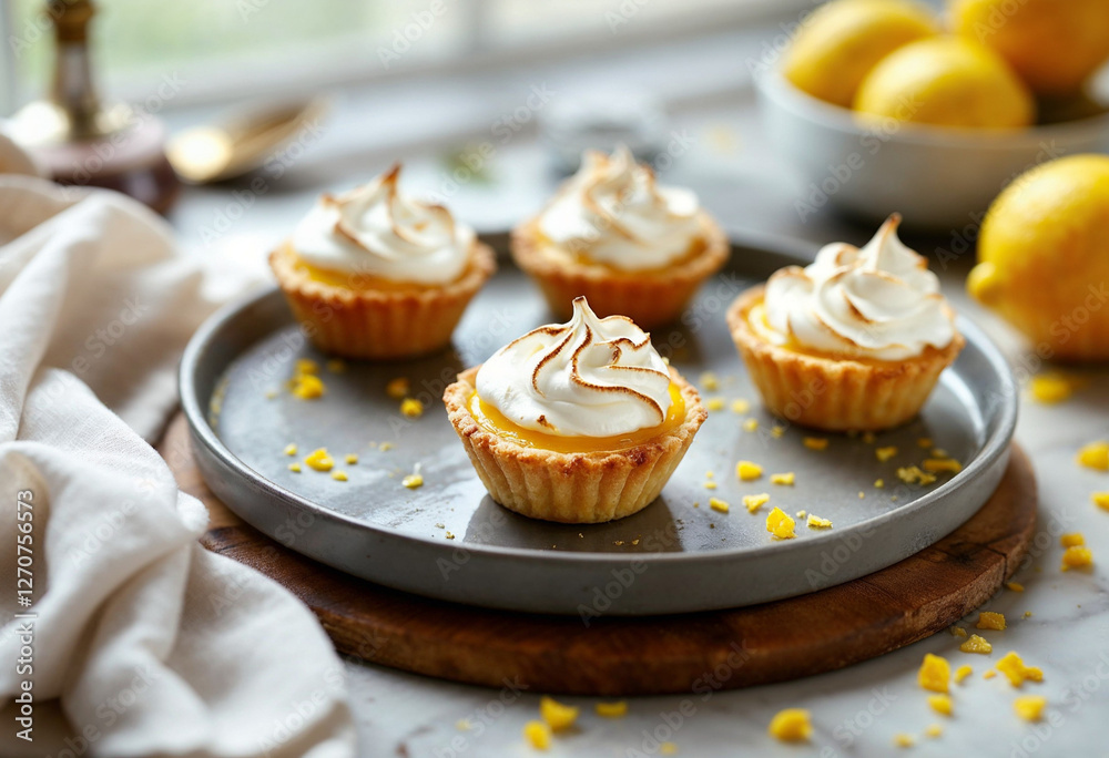 Lemon Tartlets with Cream and Crispy Meringue on Light Background. Lemon Tartlets with Cream and Crispy Meringue on Light Background.