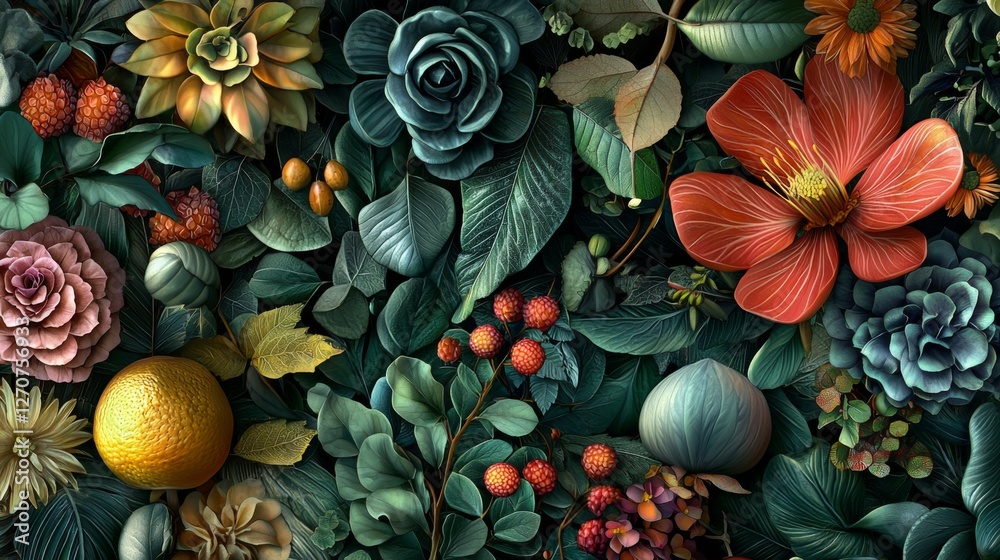 custom made wallpaper toronto digitalVibrant Floral Arrangement with Diverse Flowers, Leaves, Fruits, and Textures in a Colorful Nature Composition