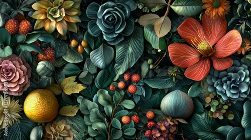 Wallpaper Mural Vibrant Floral Arrangement with Diverse Flowers, Leaves, Fruits, and Textures in a Colorful Nature Composition Torontodigital.ca