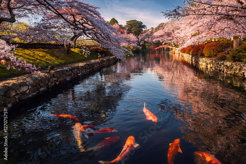 A peaceful garden with blooming cherry, vibrant koi fish pond, traditional architecture in springtime harmony. Royalty high-quality free best stock of serene Japanese, tranquil and harmonious natural