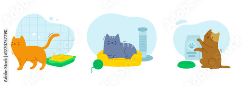 Cartoon set with cats and grooming supplies. Flat illustrations collection with cats in different situations.