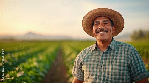 Happy Mexican Senior Farmer Standing in Green Field at Sunset