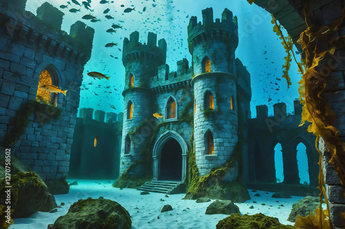 Submerged Medieval Castle with Intact Turrets, Stone Walls, and Marine Life, Illuminated by Mystical Light, Evoking a Sense of Lost History and Underwater Fantasy