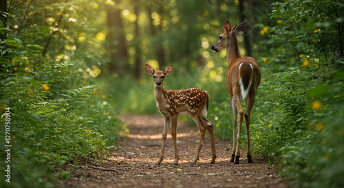 A timid white-tailed deer fawn pausing to look back while walking with its mother along a quiet woodland path in northern Wisconsin