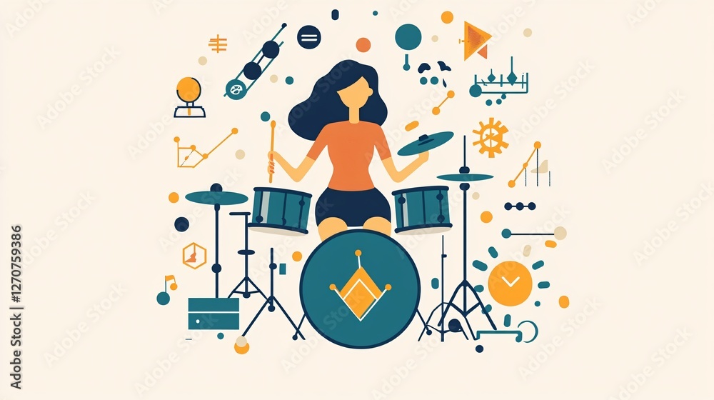Obraz premium Confident Young Businesswoman Playing Drums in Modern Office