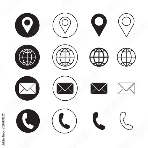 Email icon, Call icon, phone icon, mail icon, message icon, global icon, internet icon, location icon, map icon