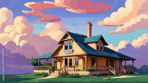 Illustration, a house, garden, lots of clouds