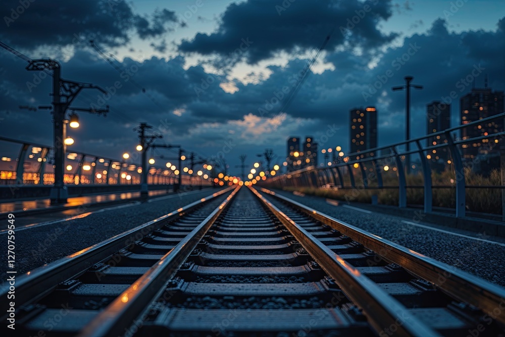 Metro Train on Cloudy Evening with Urban Lights and Tracks Leading into Dark Skyline Metro Train on Cloudy Evening with Urban Lights and Tracks Leading into Dark Skyline