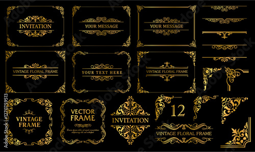 Design elements gold set, decorative flourish border corner and frame collection for invitation, menu and page decoration