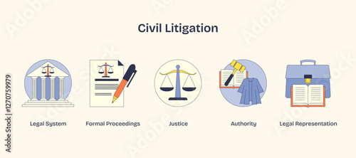 Civil litigation icons depict legal proceedings with scales, gavel, and courthouse in Neubrutalism style.