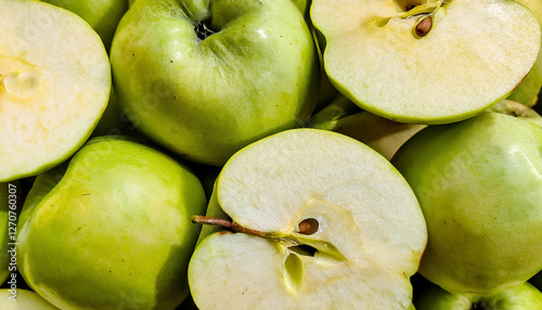 Detailed view of fresh green apple slices, highlighting their crisp texture and light green color. Perfect for healthy food, fruit salads, or refreshing concepts. Texture, background.