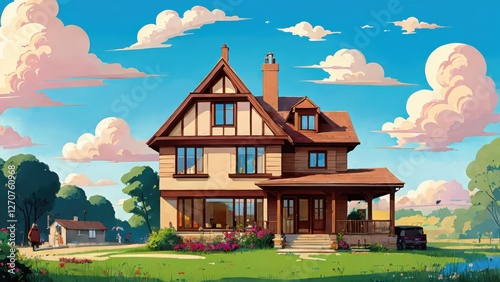 Illustration, a house, garden, lots of clouds