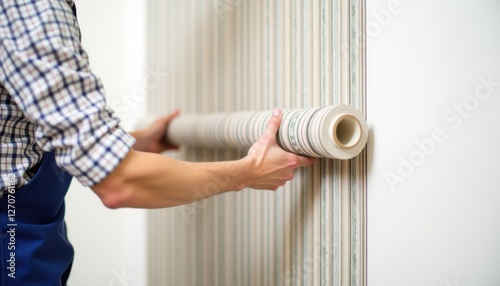 Man applying wallpaper, focused mood, home renovation, indoor setting with striped design