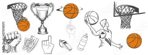 Basketball Elements set. Basket sport Ball, winner cup, medal, basketball hoop, athlete, footwear, foam finger. Hand drawn sketch style. Vector illustration isolated on background