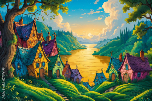 Whimsical Village in Rolling Hills at Sunset – A Vibrant, Colorful Digital Illustration with Quaint Cottages, a Winding River, and a Golden Sky Framed by Lush Green Trees