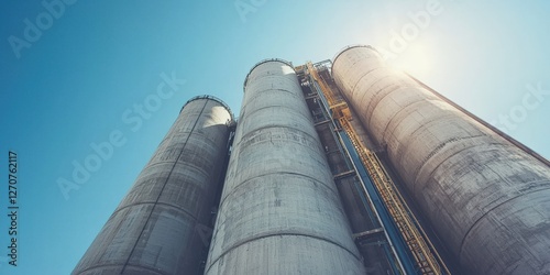 A cement plant with massive silos and conveyor belts under a bright blue sky