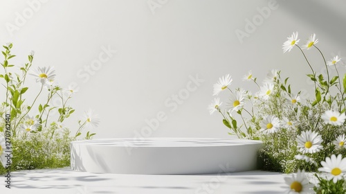 Matte white 3D pedestal with blooming daisies and gentle spring leaves, bright and fresh minimalist composition