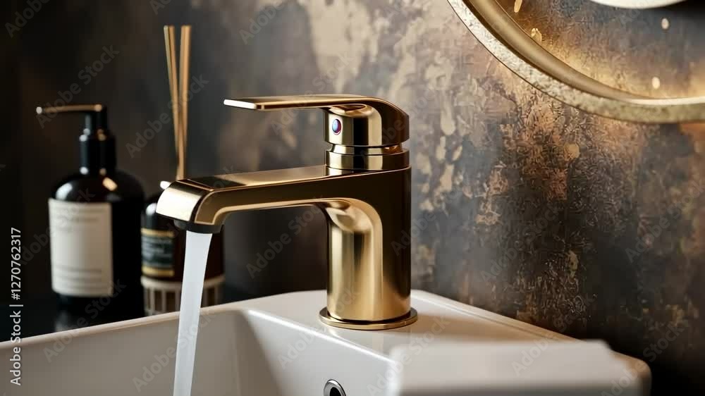 Golden faucet flow with modern elegance in luxurious bathroom setting Golden faucet flow with modern elegance in luxurious bathroom setting