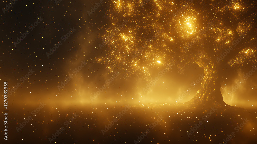 Naklejka premium Luminous Tree of Eternity Standing Guard in a Field of Golden Dust Among the Stars Fantasy