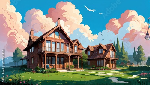 Illustration, a house, garden, lots of clouds