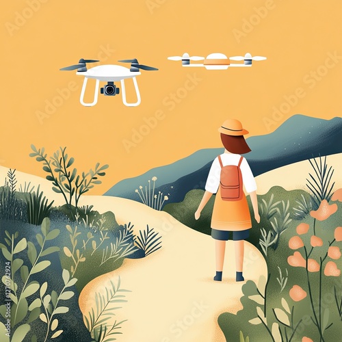 Aerial Drone Photography & Videography Person observing drones in a lush landscape.