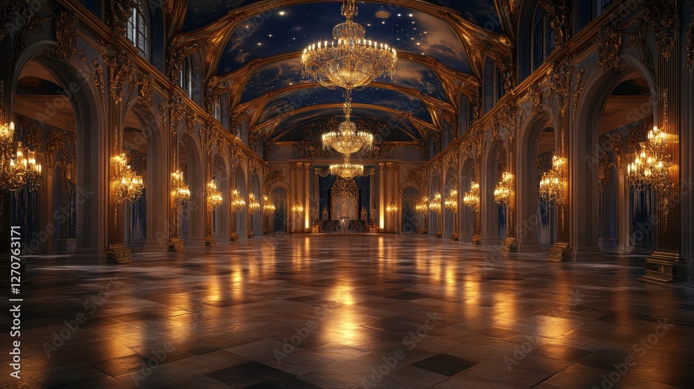 Obraz premium A grand, opulent hall adorned with chandeliers, featuring ornate architecture and a reflective floor, illuminated by warm, golden light.