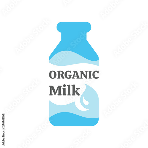 Organic milk bottle vector label. Colorful blue and white with milk text icon.