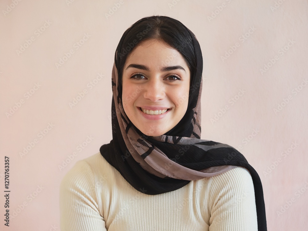 Smiling Confident Muslim Woman Wearing Hijab with a Calm Background Smiling Confident Muslim Woman Wearing Hijab with a Calm Background