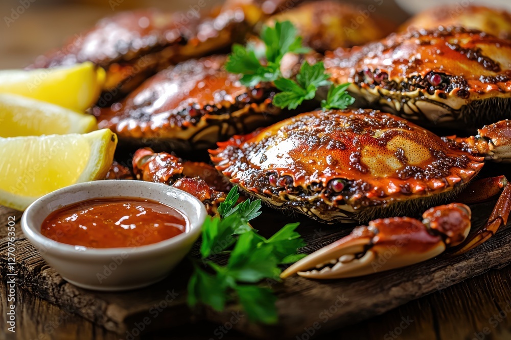A close-up of prepared crabs with lemon, parsley, and dipping sauce on a wooden board, showcasing the flavors and textures of seafood cuisine. A close-up of prepared crabs with lemon, parsley, and dipping sauce on a wooden board, showcasing the flavors and textures of seafood cuisine.