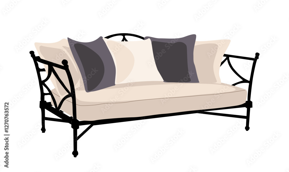 Outdoor sofa, couch, day bed with metal base and soft seat and cushions. Porch zone, garden, patio furniture. Interior, landscape design element. Vector flat illustration isolated