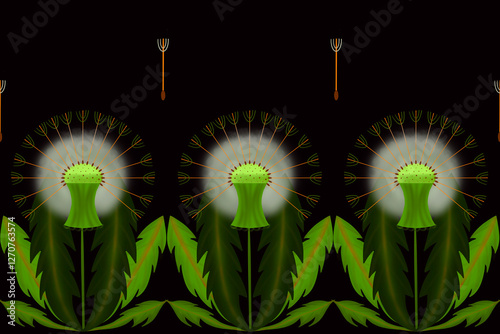 Seamless poster with white dandelions on a black background