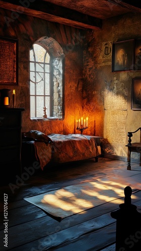 Dark room, bed, candlelight, window, aged walls.